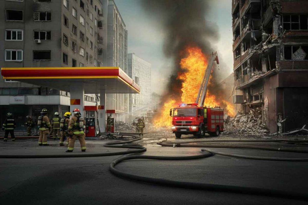 Esplosione al distributore: vigile del fuoco e operatori del 118 feriti
