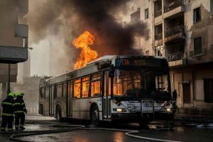 Fiamme a Roma: un bus in incendio colpisce un balcone di un palazzo